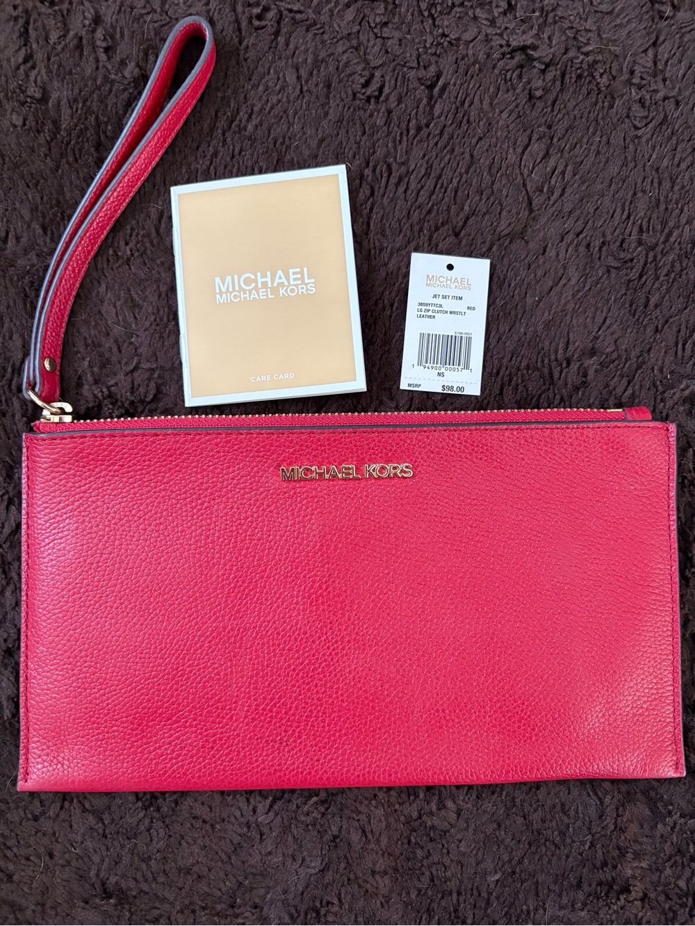 Michael Kors Red Pebbled Leather Wristlet Clutch with Gold Logo